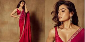 rashmika on red color sari looking so grace